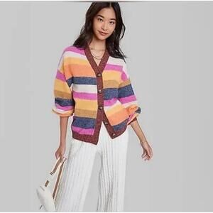 Ascot + Hart Rainbow Stripe Cardigan Medium NWT Retro V Neck Button Sweater